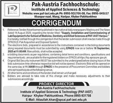 Pak-Austria Fachhochschule Institute of Applied Sciences & Technology Haripur Tender Notice